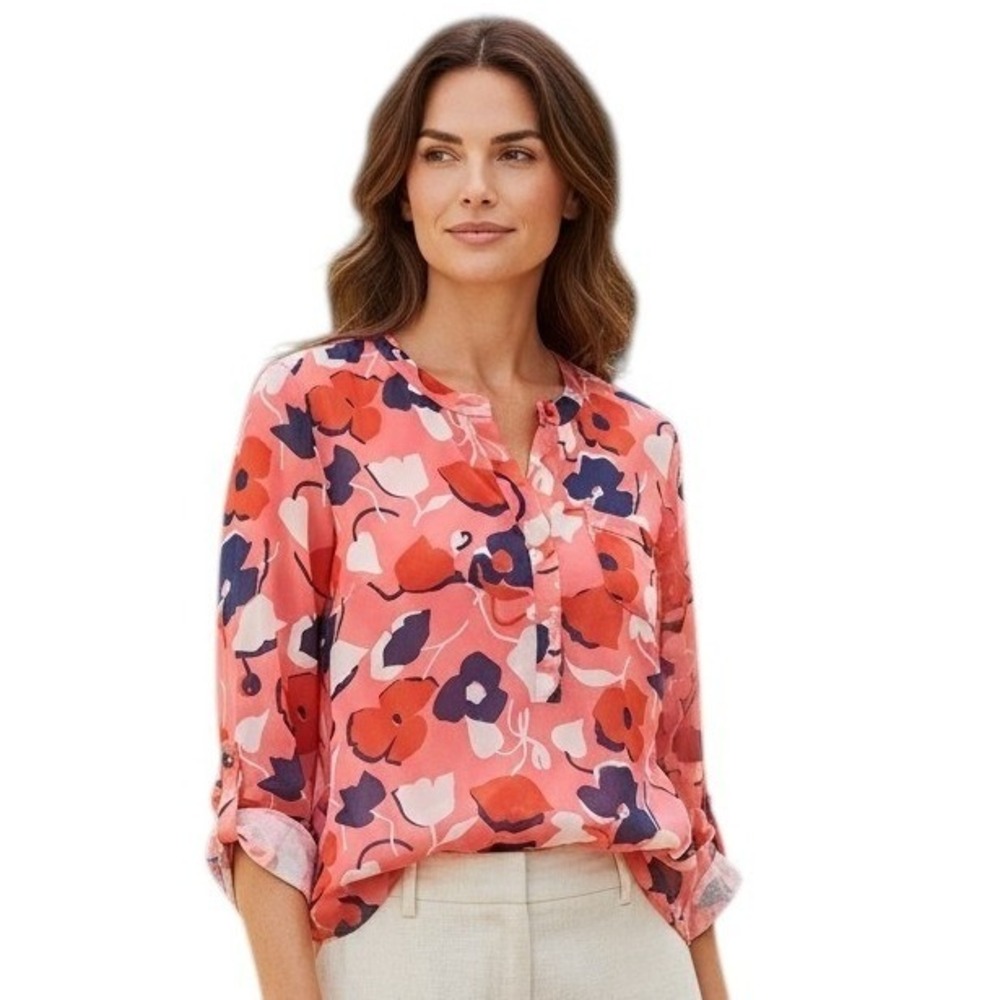Talbots 100% Silk Floral‎ Women's size Large Petite Roll Tab Casual Colorful Top